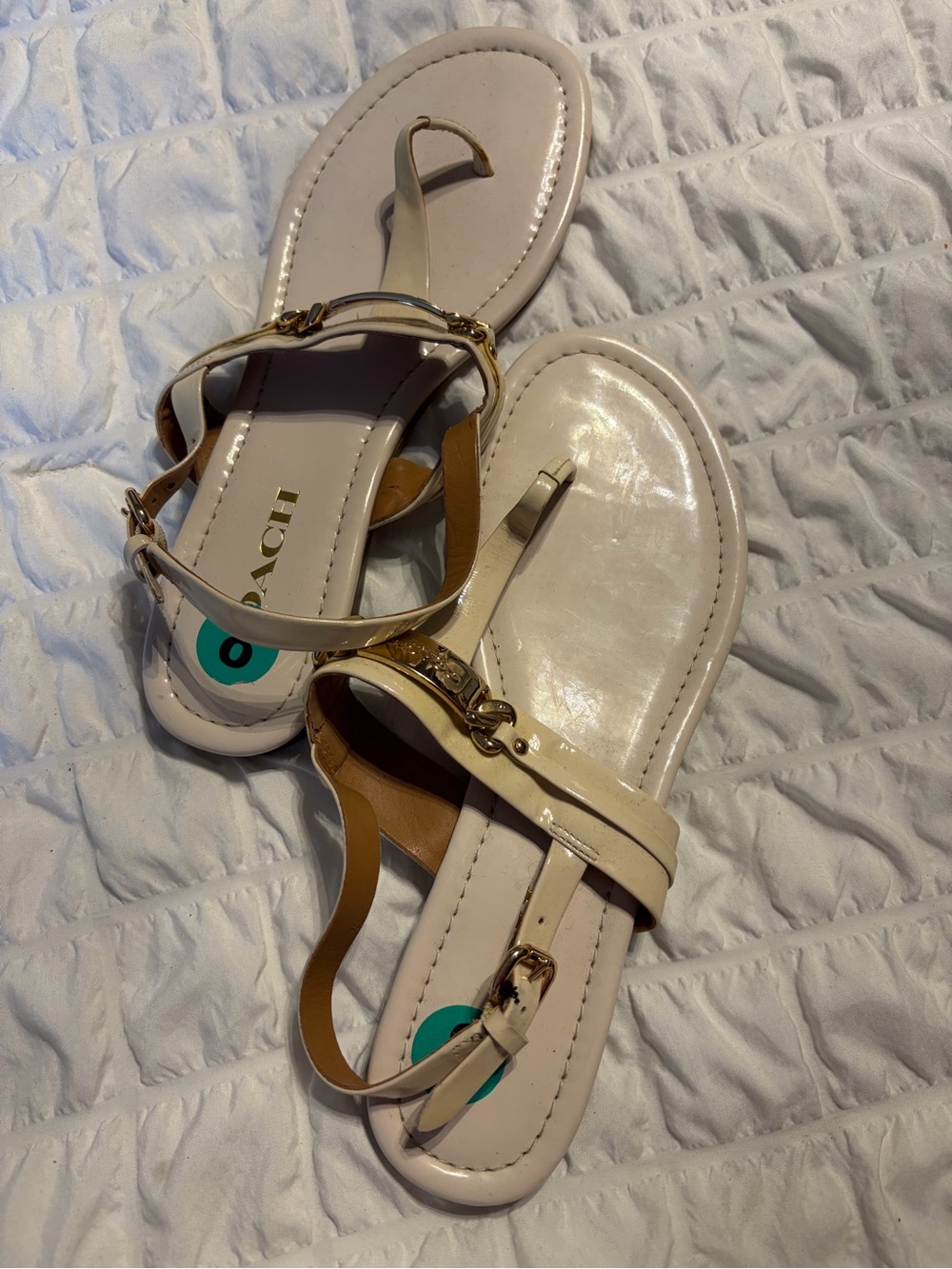 Coach Ivory Patent Leather T-Strap Sandals with Gold Hardware